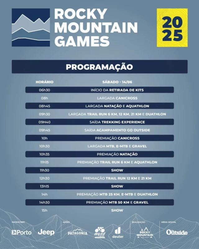 📅 Já pode salvar no celular: saiu a PROGRAMAÇÃO OFICIAL da Etapa Juquitiba do Rocky Mountain Games! 💥

Prepare-se para um dia inteiro de aventura, esporte e diversão na natureza — com largadas, trilhas, pedal, premiações, shows e muito mais! 🌲🚴‍♂️🏃‍♀️💦

🕕 Começamos às 6h30 com a retirada de kits
🏁 Largadas a partir das 8h
🏆 Premiações ao longo do dia
🎶 Shows na arena pra fechar com tudo!

Tem modalidade pra todos os gostos: trail run, canicross, MTB, e-MTB, gravel, aquathlon, natação em águas abertas, trekking e o Acampamento Go Outside para os pequenos!

📍 Juquitiba (SP)
📆 14 de junho
🎟️ Últimas inscrições no link da bio!